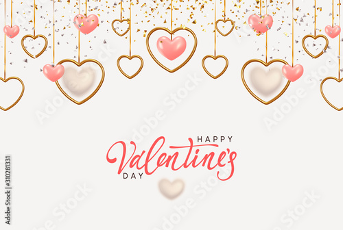 Happy Valentine's Day. Background with realistic metallic gold and pink hearts hanging on ribbon, falling glitter confetti. Greeting card, gift poster, holiday banner.