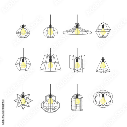 Geometric Loft Lamps Thin Line Icon Set. Vector