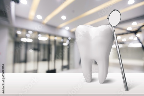 Human white tooth and health dentist mirror