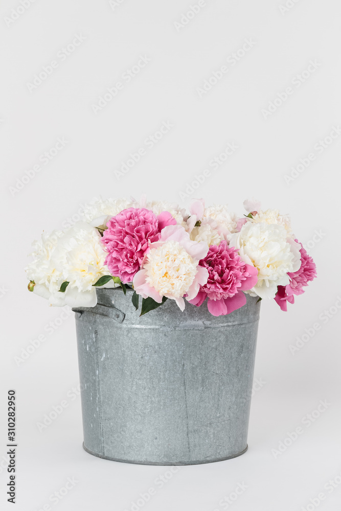 Bouquet of white and pink peonies in a metal bucket