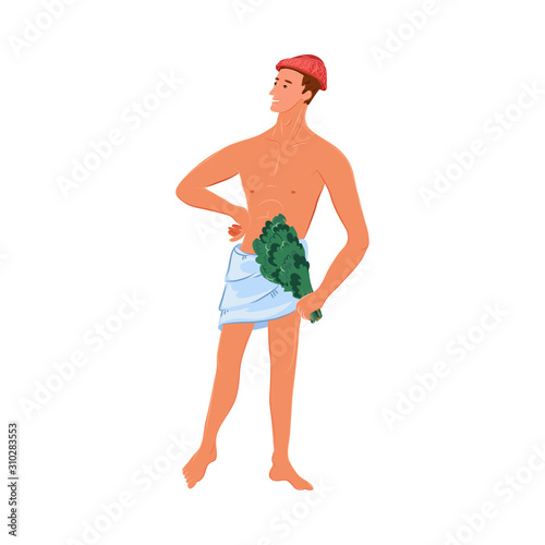 Man standing and holding broom in bathhouse vector illustration