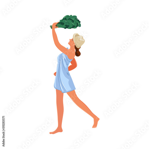Woman in towel with broom standing in bathhouse vector illustration