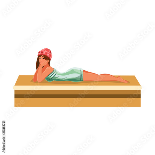 Woman lying on bathshelf and relaxing in bathhouse vector illustration