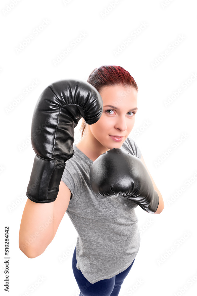 Top down view of a beautiful young woman with boxing gloves