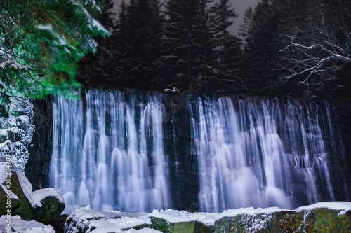 Wild Waterfall with Soft Flowing Water by Night in Lower Silesia in Poland.