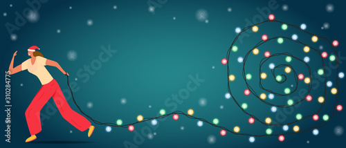 The girl in the hat of Santa Claus drags a huge garland. Banner template of merry christmas, new year, holiday sale. Xmas background with tangled garland, snowflakes and place for text. Flat vector