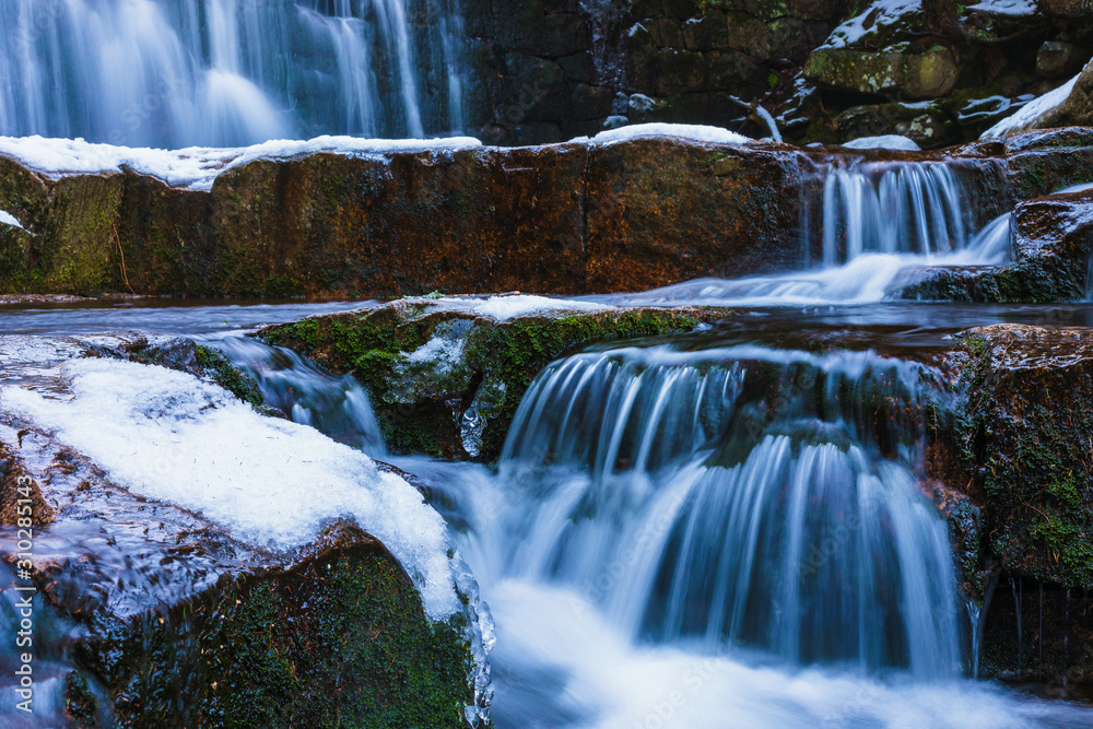 Fototapeta premium Wild Waterfall with Soft Flowing Water in Lower Silesia in Poland.