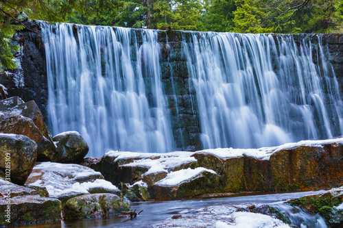 Wild Waterfall with Soft Flowing Water in Lower Silesia in Poland.