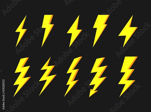 Thunder and bolt flat icon set. Flash elements. Elestric blitz logo. Vector yellow thunderbolt on dark background