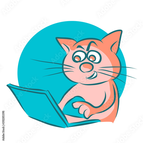 The prank cat secretly turned on his master's laptop computer. Vector cartoon illustration in comic style.