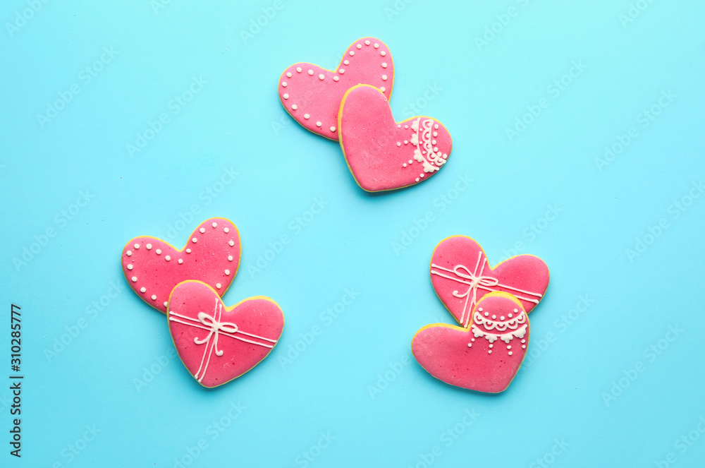 Heart shaped cookies for Valentine's day on color background Heart shaped cookies for Valentine's day on color background