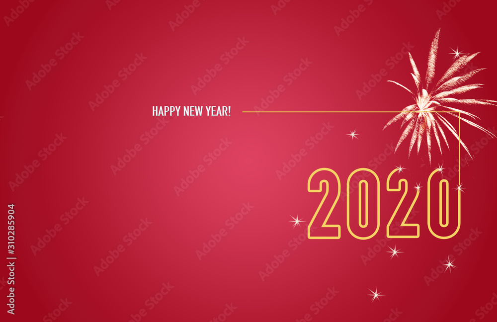 New Year 2020 Line Design Gold Clock Countdown mit funkelndem Feuerwerk red gold Grußkarte