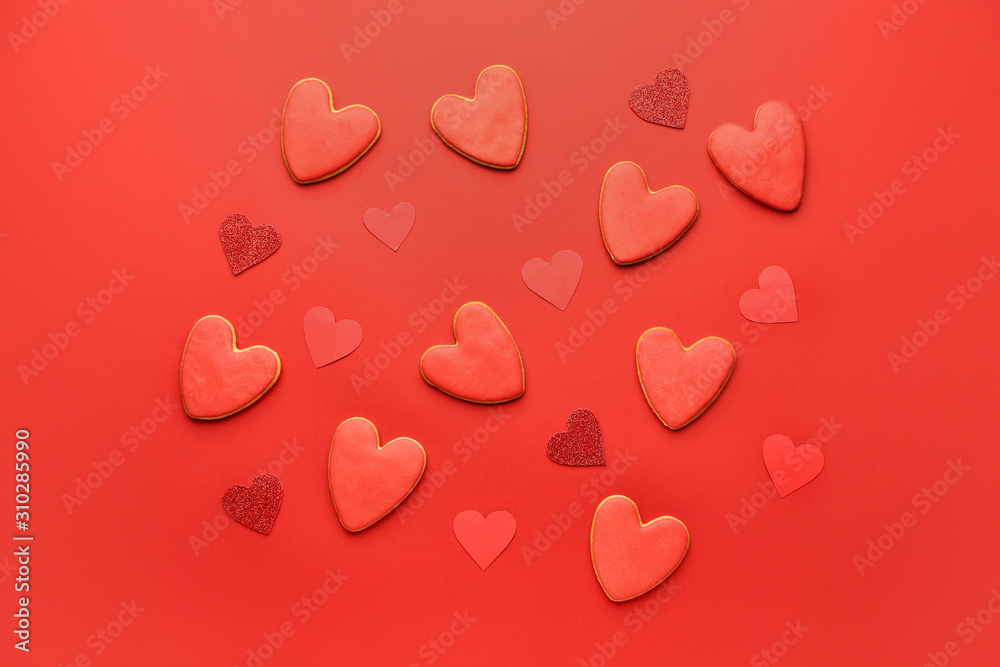 Heart shaped cookies for Valentine's day on color background Heart shaped cookies for Valentine's day on color background