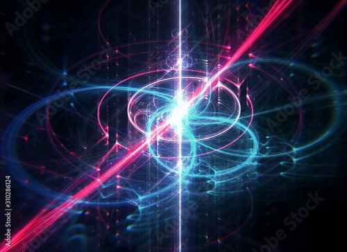Futuristic concept of blue and red colored computer's waves, quantum computer concept, with depth of field