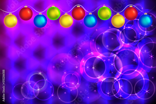 Luminous garland of colorful balloons on a purple background with transparent circles, place for text