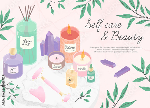 Vector set of skincare cosmetic products,face massage tools,oil,amethyst crystals,candles,diffuser,eucalyptus on a decorative marble tray.Aromatherapy,spa,wellness and selfcare concept.Beauty routine.