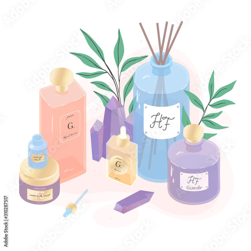 Serum,cream,deffuser,oil and eucalyptus vector illustration set.Spa,wellness and beauty routine concept.Skin care,aromatherapy and ralax design elements.Home fragrances,cute hygge home decoration