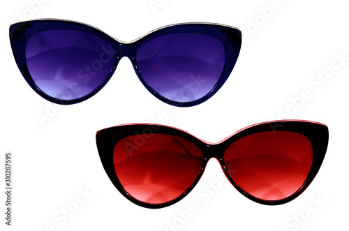 Red and blue sunglasses in black frame front view. Two pairs of close-up glasses isolated on a white background.