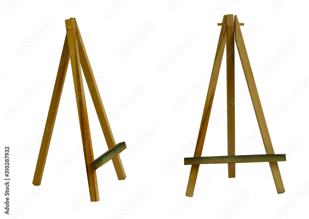 Set of their artistic tabletop wooden easels. Isolated objects on a white background. Set of their artistic tabletop wooden easels. Isolated objects on a white background.