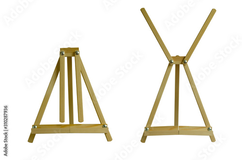 Set of their artistic tabletop wooden easels. Isolated objects on a white background.