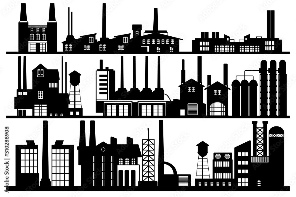 Obraz premium Abstract industrial panorama background, solid black and white silhouette. Line art illustration featuring fantasy industrial landscape with mines and factories or industrial revolution concept.