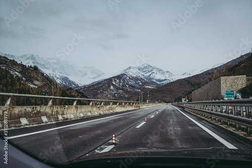 BARDONECCHIA, ITALY / NOVEMBER 2019: View of the Alps along the road to the Frejus tunnel