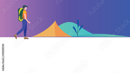 Sunny day landscape illustration in flat style with tent, campfire, mountains, forest and water. Background for summer camp, nature tourism, camping or hiking design concept.