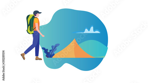 Sunny day landscape illustration in flat style with tent, campfire, mountains, forest and water. Background for summer camp, nature tourism, camping or hiking design concept.