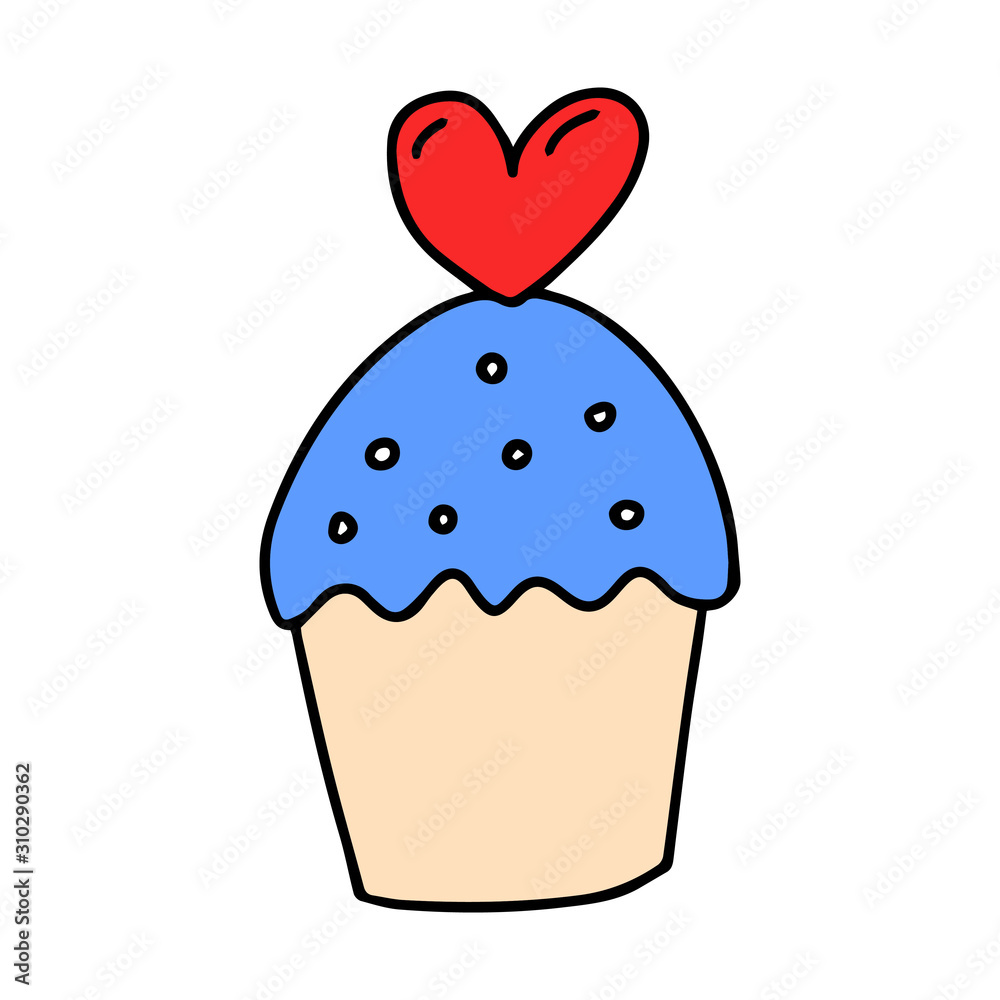 Vector illustration Hand-drawn cake, cupcake with cream and heart on top. doodle style. Black and white contour design element for valentines day. The object is isolated on a white background.