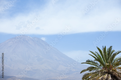 El Misti Volcano in Arequipa, Peru, sunny weather, clouds over the crater