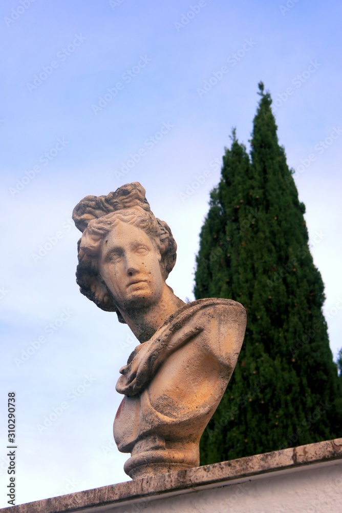 Classic style bust in front of a row of cypresses, in Terracina, Italy.