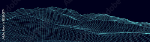Vector wireframe 3d landscape. Technology grid illustration. Network of connected dots and lines on black background.