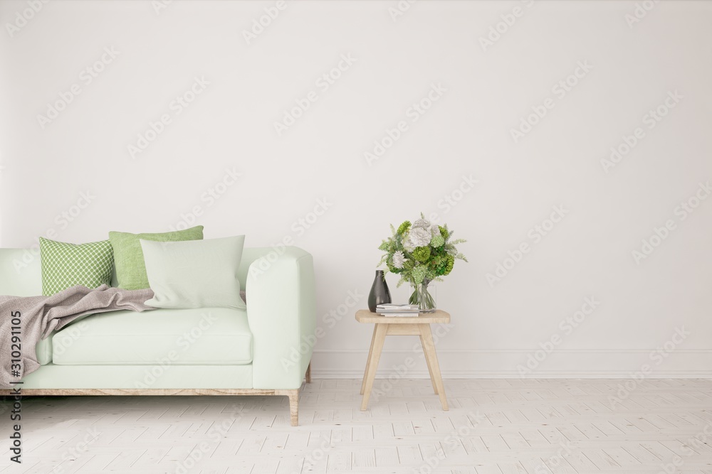 Stylish room in white color with sofa. Scandinavian interior design. 3D illustration Stylish room in white color with sofa. Scandinavian interior design. 3D illustration
