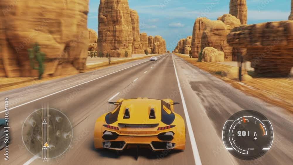Speed Racing 3d Video Game Imitation With Interface. Sports Cars Compete On The Desert Road With Rocks. Gameplay Screen.