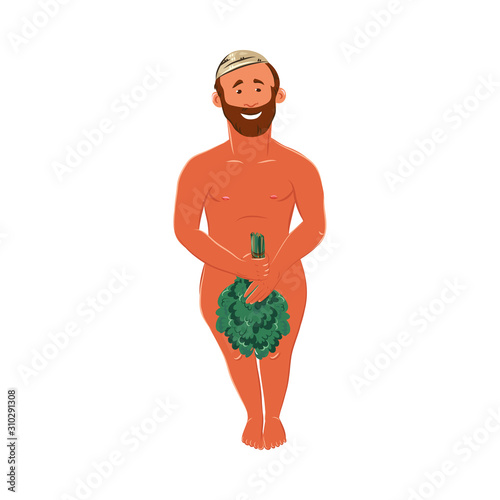 Bearded man standing in a bathhouse and covering with a bunch of birch twig. Vector colorful illustration in cartoon style.