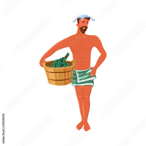 The brown-haired young man in bath towel standing with a birch broom and wooden basket. Vector colorful illustration in cartoon style.