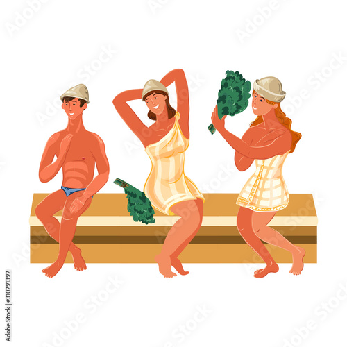 Man and women characters enjoying hot steam procedures in sauna with birch twigs. Vector colorful illustration in cartoon style.