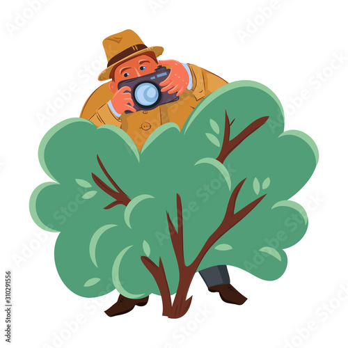 Detective man in brown hat hiding in the green bush with photo camera. Vector colorful illustration in cartoon style.