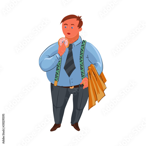 Classic fat detective in blue shirt standing with the donut. Vector colorful illustration in cartoon style. © greenpicstudio