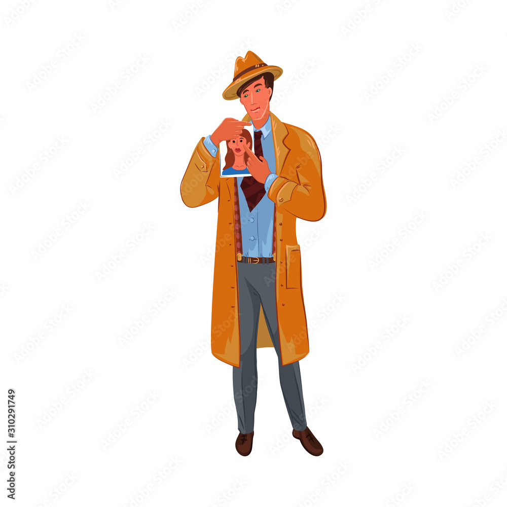 Detective shows a photo with a portrait of a girl. Vector colorful illustration in cartoon style.