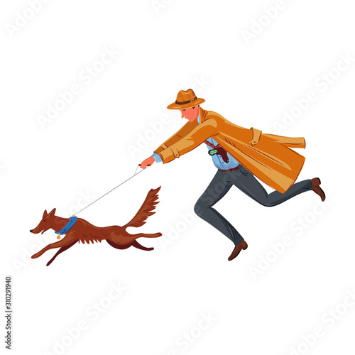 A detective running with a tracker dog hunting footprints. Vector colorful illustration in cartoon style.