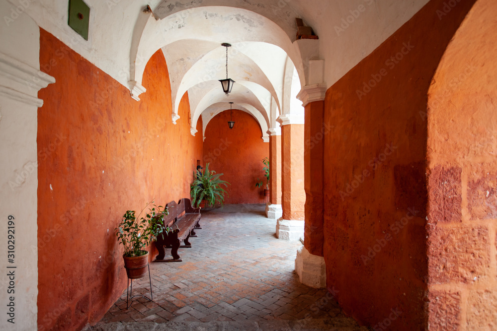Red courtyard of the monastery of St. Catalina, Arequipa, Peru