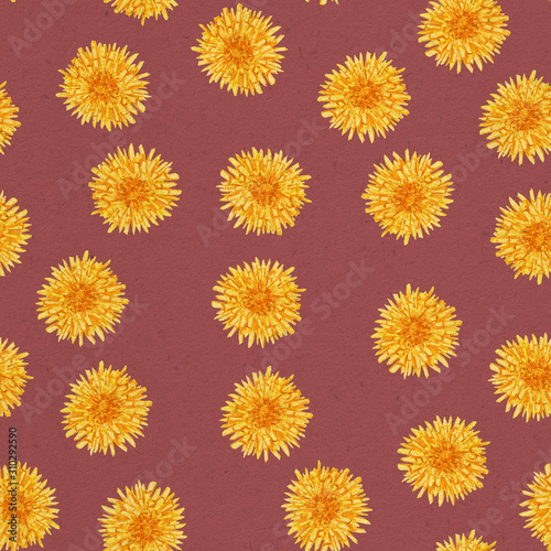 Pattern with watercolor dandelion flowers. Summer pattern with yellow flowers. Floral background. Botanical backdrop. Use it for textile, postcard, fabric.