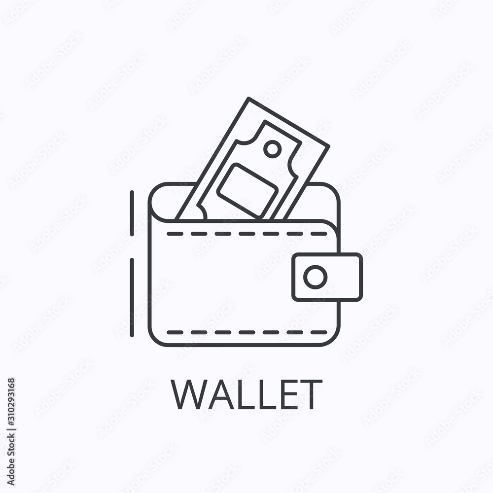 Wallet thin line icon in flat style on black background. Cash money concept. Vector illustration