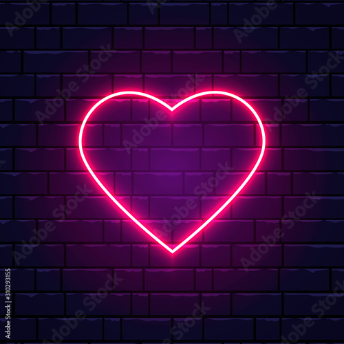 Neon pink heart. Night neon signboard on brick wall background with backlight. Retro red neon heart sign. Romantic design for Happy Valentines Day. Night light advertising. Vector illustration