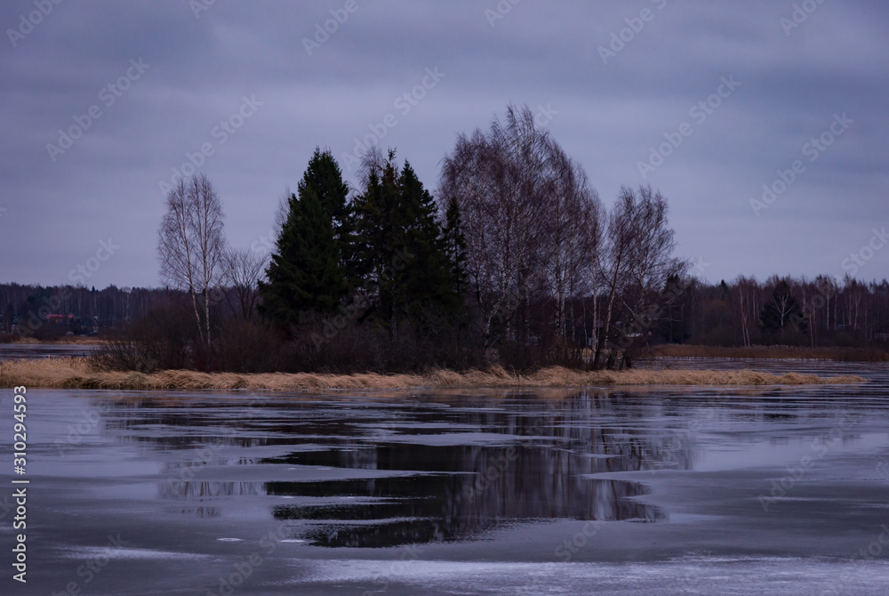 Winter landscape: ice river and forest