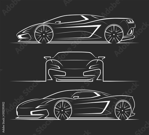 Sports car silhouettes, outlines, contours. Front, side, perspective view of supercar. Can be used as a part of an emblem, label, icon, logo. Vector illustration