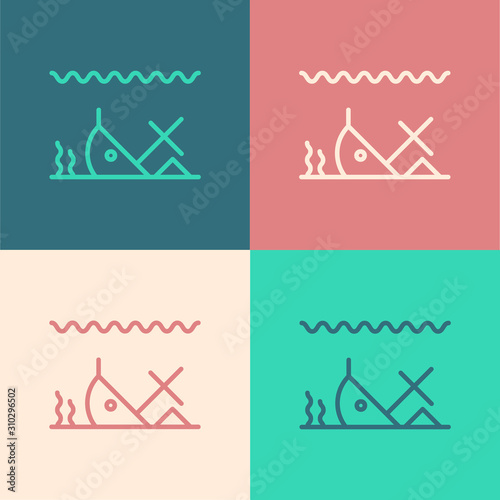 Color line Sunken ship at the bottom of the sea icon isolated on color background. Vector Illustration