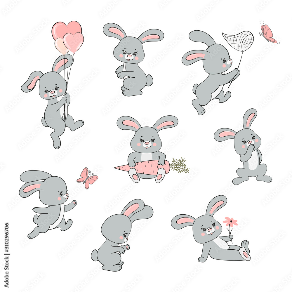 Set of cute cartoon baby rabbits. Vector bunny illustration. Stock Vector |  Adobe Stock