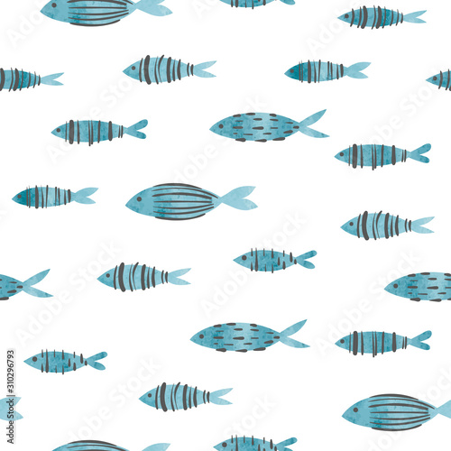 Seamless abstract watercolor sea fish pattern.